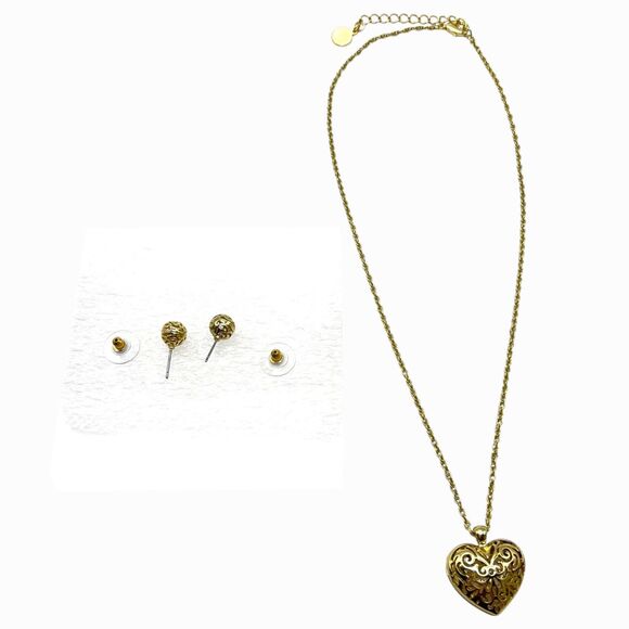 Charter Club Openwork Heart Necklace Earrings Gold Tone Puffy Scrollwork Studs - Picture 2 of 8